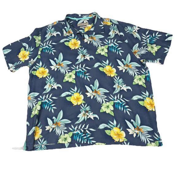 Tommy Bahama 3XL Silk Hawaiian Shirt Navy Floral Hibiscus Camp Aloha Print - Picture 1 of 6